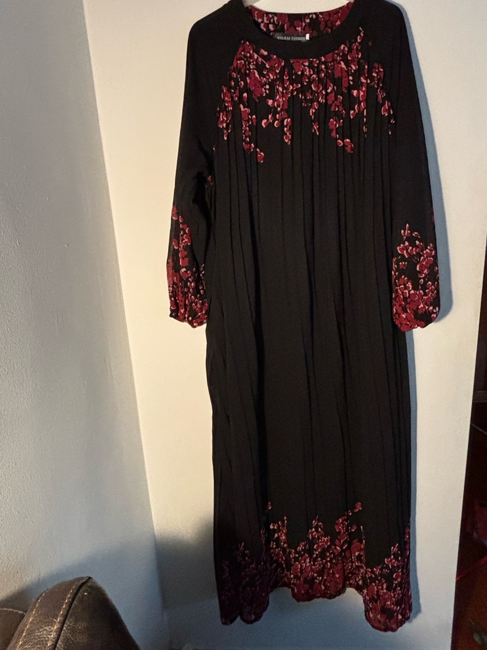 Black and Red Floral Maxi Dress Modest Muslim Abaya 58 inches